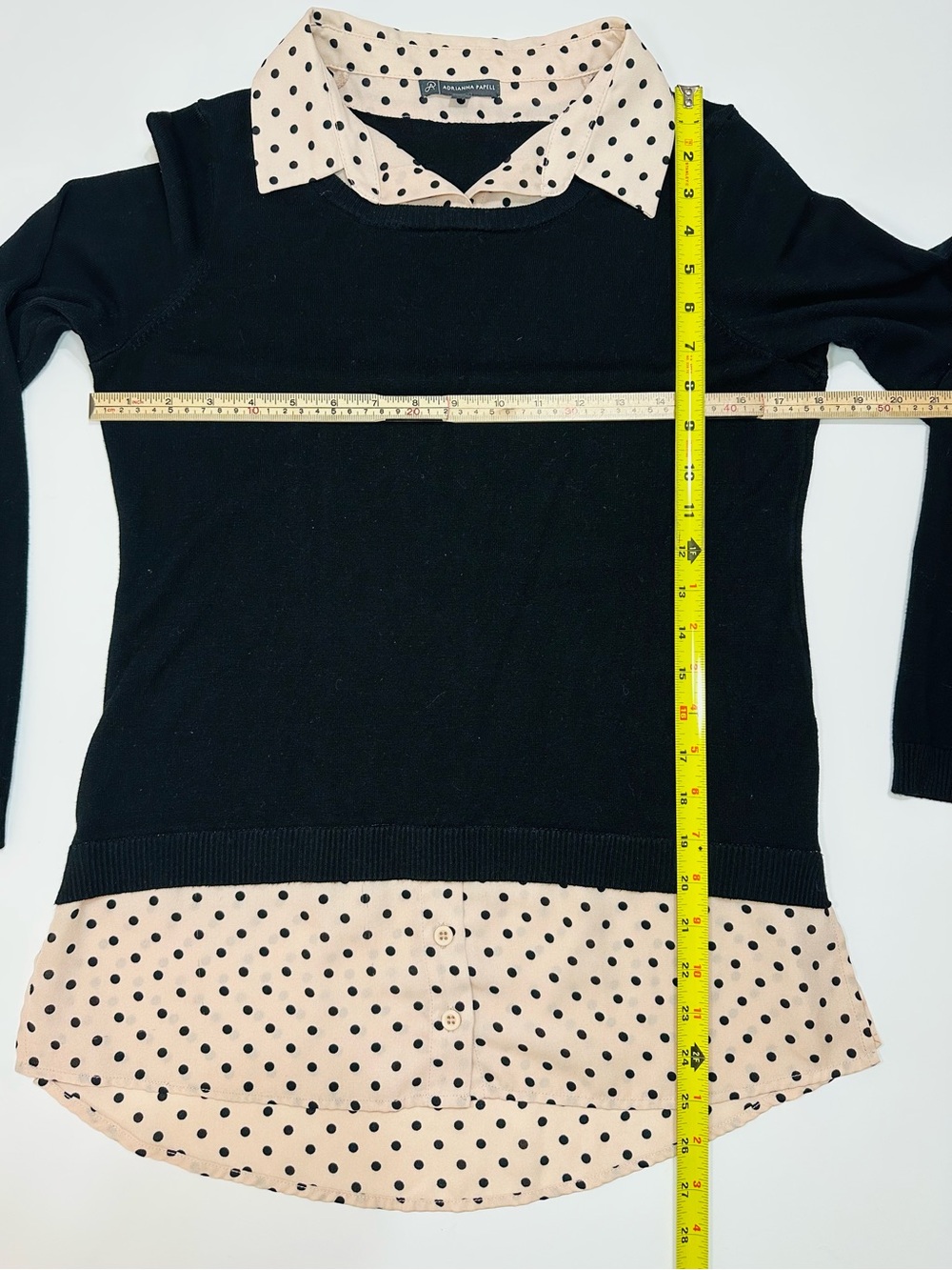 ADRIANNA PAPELL BLACK SWEATER POLKA DOT LAYERED BLOUSE TOP WOMEN’S SMALL OFFICE - Picture 3 of 8